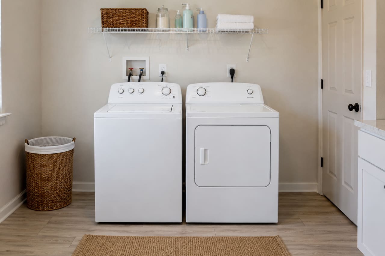Top-load washer and dryer installed in a home laundry room